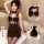 Woman modeling black pure temptation lace bodysuit dress featuring sheer lace top, removable pads, and form-fitting sheath sk...