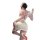 Woman in white nurse costume lingerie with red accents, back view showing cross straps and garter stockings.