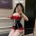 Woman in red and black lace bodysuit with cat ears, posing playfully. pure & tempting sheer lace bodysuit for women - cute ti...