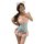 Woman wearing cute pastel blue and pink lace bodysuit with bows, cat ears, and open-crotch design for seductive lingerie look...