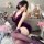 Woman in purple lace bodysuit skirt set, seductive no-remove lingerie sleepwear outfit, posing with teddy bears and roses.