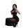 A woman poses with a phone, wearing a black sheer lace nightgown featuring a purple v-neckline and delicate lace details. the...
