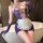 Purple temptation sheer maid costume set featuring revealing thigh-high mesh lingerie with peek-a-boo bust and cheeky cutouts...
