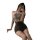 A woman poses with a checkered phone, wearing a form-fitting black dress paired with sheer stockings. the outfit features a h...