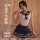 Model wearing qiaozhiqing seductive modest lingerie set, a two-in-one schoolgirl jk dress with matching handcuff accessories.