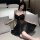 Elegant black lace cami sleepwear dress paired with matching bralette and briefs, perfect for pure allure and temptation.