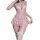 Woman modeling pink qqny lace lingerie set with bralette, ruffled robe, and garter straps.