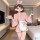A cute anime-style character wearing a pink rabbit-themed japanese maid costume, complete with bunny ears, holding a heart-sh...