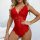 Woman wearing red ranshengyiran deep v lace bodysuit, sheer floral lingerie for bedroom passion.