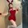Red sexy bunny girl costume - sparkly tight mesh bodysuit & skirt set, new year lingerie outfit featuring bunny ears and plus...