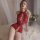 Red new year lingerie set - seductive open-crotch lace bodysuit & passionate costume outfit, elegant design with intricate la...