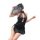 Woman in black retro lace cheongsam lingerie with sheer mesh back, holding fan to face. vintage-inspired sexy costume.