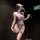 Woman wearing purple lace lingerie set with sheer top, thong, and thigh-high stockings in dimly lit room.