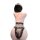 Woman wearing black lace lingerie set with sheer fabric and floral details, back view.