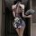 Woman in seductive lace lingerie set, a high-slit backless cheongsam dress with halter neck and floral pattern.