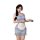 A woman wearing a light blue sheer lace apron and matching dress, holding a tray with a cup, styled as a seductive maid costu...