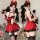 Seductive maid lingerie set featuring a red dress with lace details, black stockings, and playful accessories, perfect for pa...