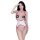 Woman modeling white and red open-crotch bodysuit nightwear with lace details, designed as sexy tight-fit sleepwear for coupl...