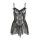 Black sheer lace camisole and backless slip dress set with ruffled hem, floral embroidery, and adjustable straps.