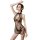 Woman modeling sheer black lingerie nightgown with floral embroidery, open-crotch design, and cheeky cutout details.