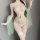 Sheer mint green hanfu lingerie set with mesh doudou, floral embroidery, and matching garter stockings.