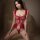 Woman wearing red lace bodysuit with sheer open-crotch design, enhancing bust and exuding modest elegance.