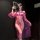 Woman in purple sensual lace lingerie set with sheer mesh robe, holding feather fan, wearing mask and high-end stockings.
