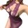 Woman wearing purple lace lingerie with sheer panels and a no-remove design, highlighting luxury sensual intimate wear for wo...