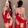 Red embroidered doudou set with lace-up bodice, sheer robe, and floral details—vintage-inspired sensual sleepwear for plus si...