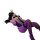 Woman in purple bunny girl bodysuit with straps and open-crotch design, sheer lingerie set for costume role play.