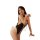 Woman wearing a black sheer bunny girl bodysuit with lace trim, straps, and an open-crotch design.