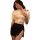 Sexy female police uniform costume set featuring a beige blouse with gold buttons and black skirt with thigh slit, perfect fo...