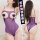 Sexy purple sheer mesh bodysuit with chest cutout, open-crotch design, and tight fit. front and back view shown.
