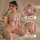 Woman wearing purple lace thong bikini set with sheer open-crotch design, plus size seductive lingerie outfit.