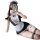 Sexy maid costume set for women featuring a black dress with lace details, ruffled apron, headband, fishnet stockings, and gl...
