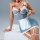 Sexy maid bodysuit costume with open-crotch design, featuring a blue gingham pattern, white lace trim, and red bow accents fo...