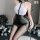 Sexy patent leather secretary costume set - tight teacher role play outfit with pencil skirt & blouse