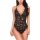 Woman wearing a black lace bodysuit with deep v neckline and adjustable straps.