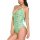 Woman modeling a green lace bodysuit with deep v neckline and adjustable straps.