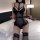 Woman wearing sexy queen costume set - pvc bondage lingerie outfit with transparent & cute playful design, holding a whip on ...