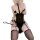 Woman modeling a black sheer lace bodysuit with clip-on neck strap and matching garter stockings, holding a riding crop.