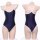 Navy blue sheer milk silk bodysuit with white trim, front and back view on mannequin.
