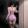 Woman in purple sheer lace cheongsam lingerie set, back view showing seductive nightgown outfit with fishnet stockings.