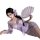 Woman in sheer lavender butterfly-print kimono robe, holding fan, wearing braless peek-a-boo sleepwear with floral hair acces...