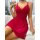 Red high-slit lingerie set featuring lace-trimmed cami and sleep skirt, perfect for sexy yet casual home wear.