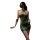 A woman wearing a green snake-style lace cheongsam sleep dress, featuring sheer mesh halter neck design and bodycon fit, perf...