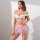 Woman wearing pink floral mesh mini skirt and matching bra, part of temus pure & playful sexy lingerie set.