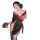 A woman wears a tokyo sakura lace kimono lingerie set, featuring a black and red design with cutout sleeves and waist ties, p...