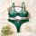 Green embroidered mesh bra and panty set with floral details, displayed on a decorative mirror with flowers and pearls.