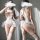 Transparent sexy lingerie set featuring provocative open-crotch design, delicate lace bodice, and playful lolita petticoat, p...